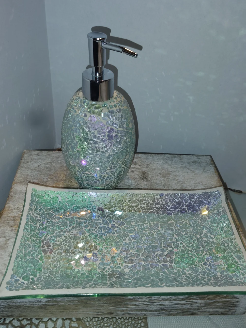 Iridescent Glass Mosaic Soap Dispenser and Tray - Green